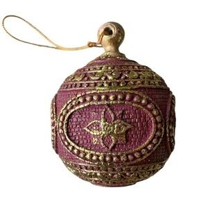 Vintage Artisan Burgundy and Gold Round Christmas Ornament Resin Christmas Ball